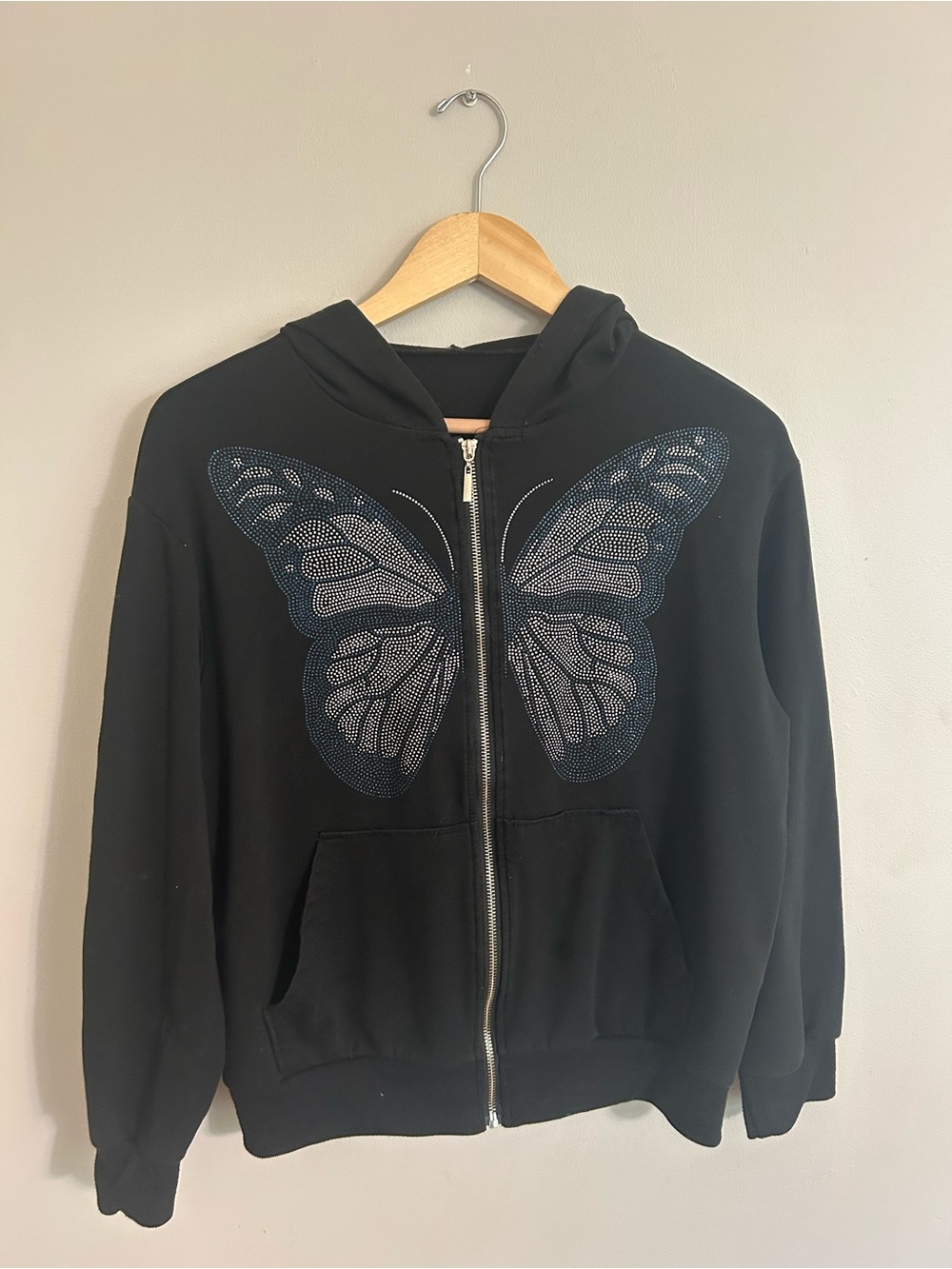SHEIN Black Zip Hoodie with Rhinestone Butterfly
